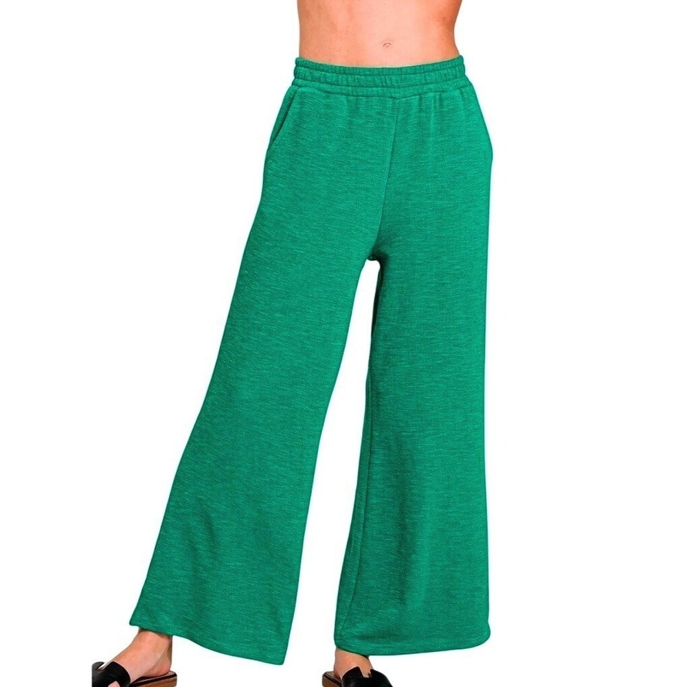 Zenana Wide Leg Slub Pants Kelly Green CP-3455Y Relaxed Lounge Trousers Large